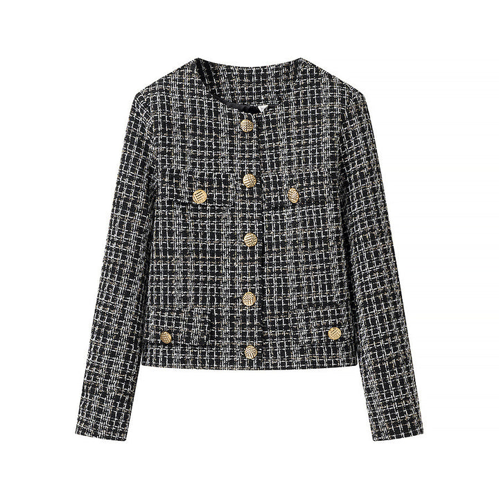 Women's Boucle Tweed Jacket with Round Neckline, Gold Decorative Buttons and Patch Pockets Mune Fashion