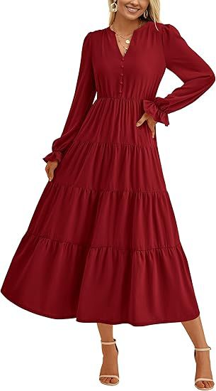 Women's Tiered Midi Dress with V-Neck, Gathered Waist Seam and Ruffle Cuffs Mune Fashion