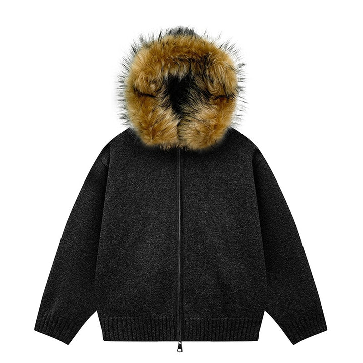 Women's Knit Bomber Jacket with Hood and Removable Faux Fur Trim Mune Fashion