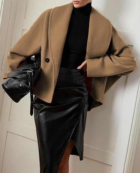 Women's Short Cut Boxy Wool Coat with Shawl Collar and Dropped Shoulder Drune