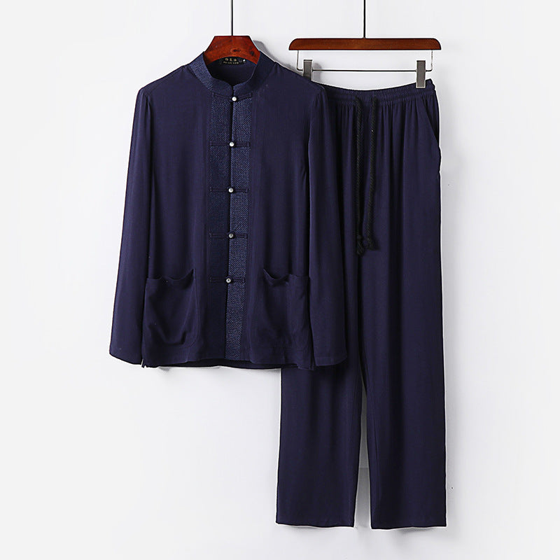 Men's Traditional Cotton Loungewear Set with Stand Collar, Knot Buttons and Drawstring Pants Mune Fashion