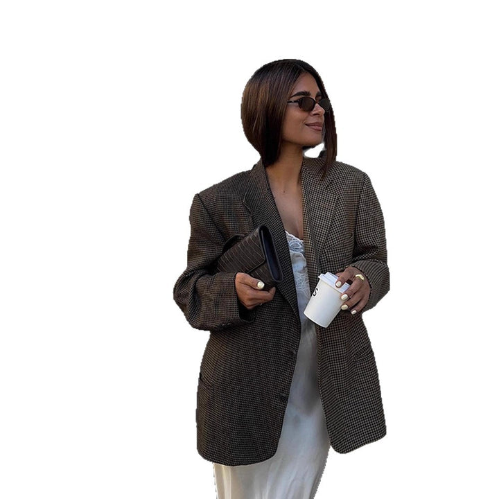 Women's Oversize Glencheck Long Blazer with boxy silhouette and structured shoulder