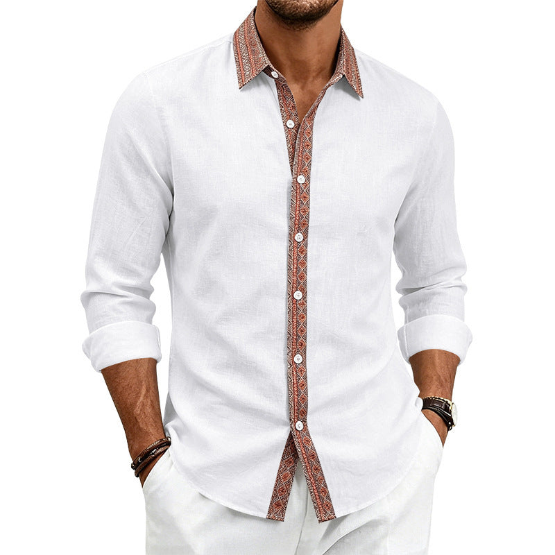 Men's Long Sleeve Linen Shirt with Contrast Trim at Collar and Button Placket Mune Fashion