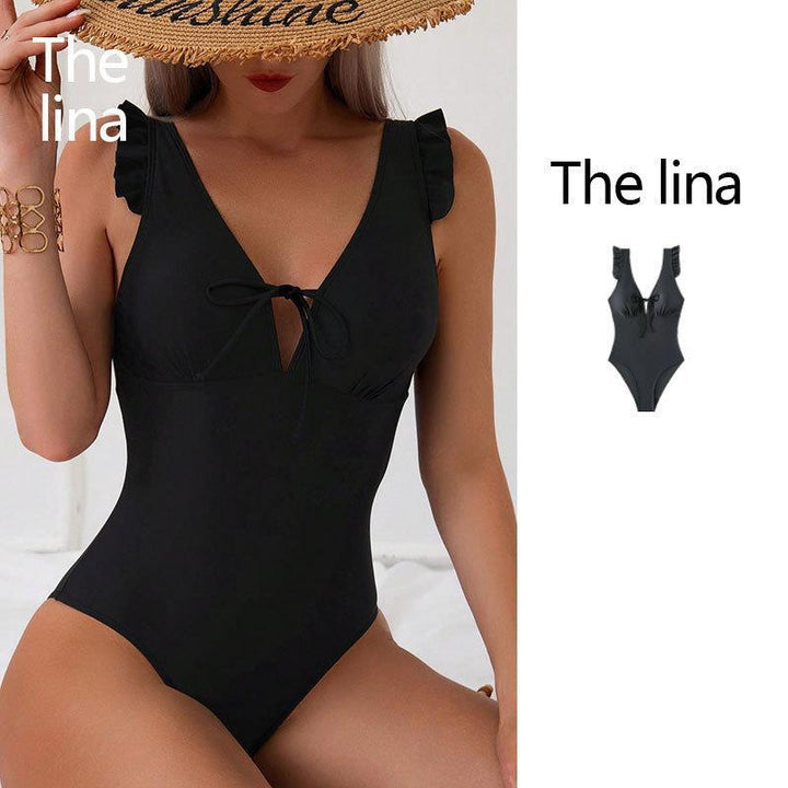 Women’s One-Piece Swimsuit with Elegant Ruffles and Deep V-Neck Mune Fashion