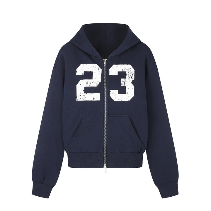 Women’s Zip Hoodie in Boxy Cut with Kangaroo Pocket and Number Print Mune Fashion