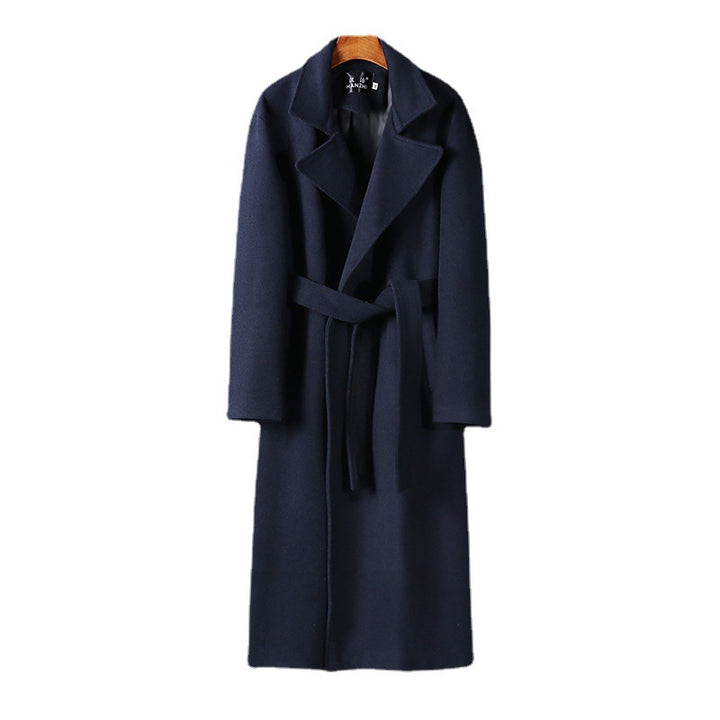 Men's Maxi-Length Wool Blend Coat with Shawl Collar and Tie Belt Mune Fashion