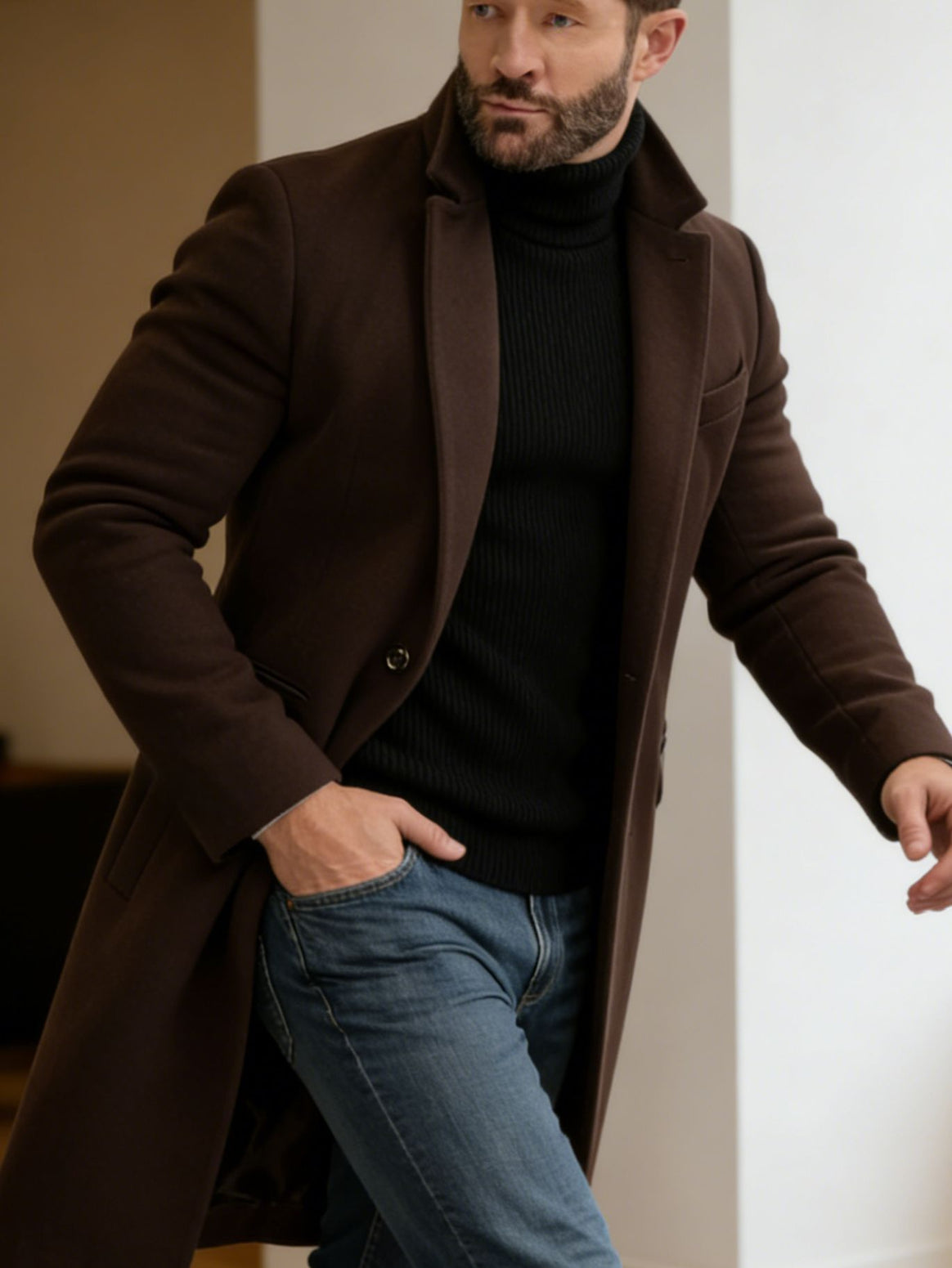 Men's Longer Tailored Wool Coat with Lapel Collar and Flap Pockets Mune Fashion