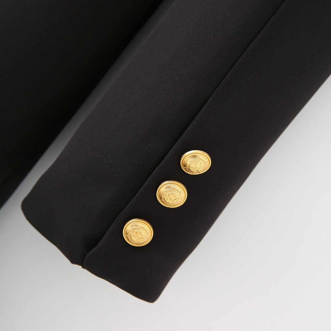 Women's tailored long blazer with shawl collar, distinctive decorative buttons, and patch pockets Mune Fashion