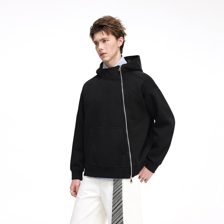 Unisex Asymmetric Hoodie with High Collar, Diagonal Zipper and Kangaroo Pocket Drune