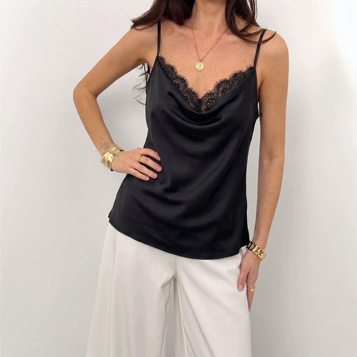 Women's lightly flowing satin spaghetti strap top with lace edge and waterfall neckline Mune Fashion