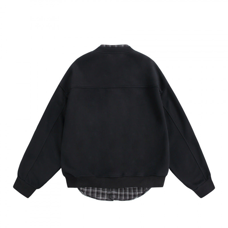 Men's Oversized College-Style Sweat Jacket with Concealed Snap Button Placket and Checked Lining Mune Fashion