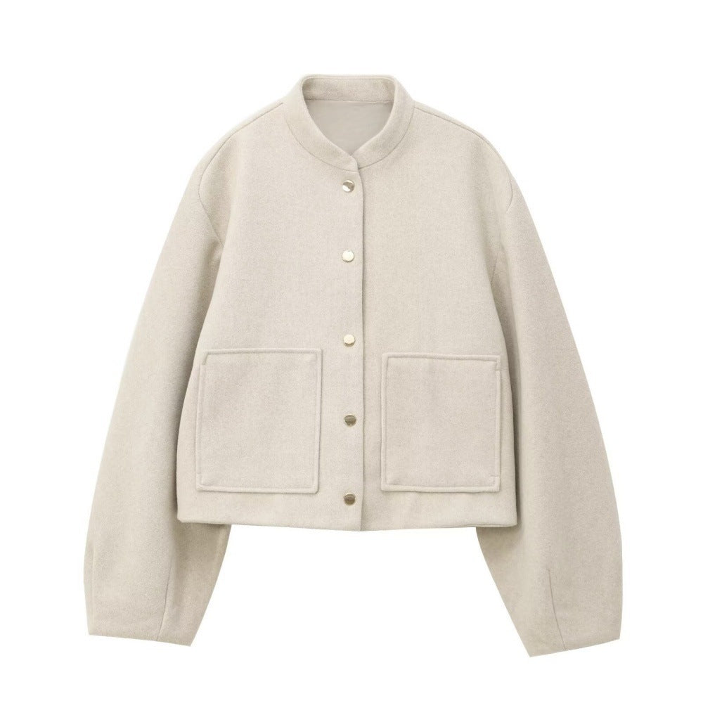 Women's Cropped Wool Boxy Jacket with Short Stand Collar and Patch Pockets Mune Fashion