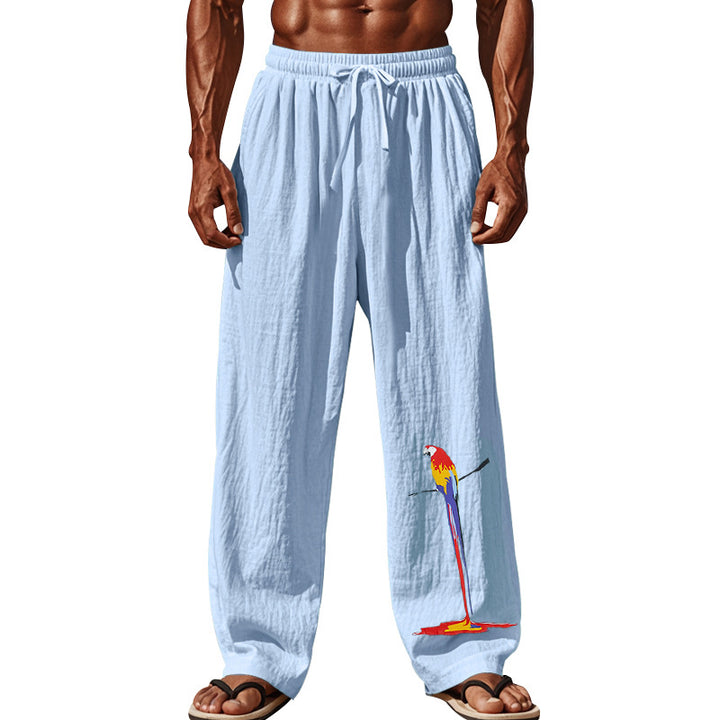 Men's casual linen lounge pants with elastic comfort waistband, drawstring, wide leg, and decorative parrot embroidery Mune Fashion