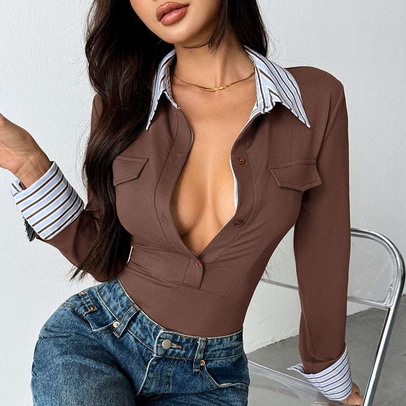 Women Elegant Long Sleeve Bodysuit with Shirt Collar and Button Details Mune Fashion