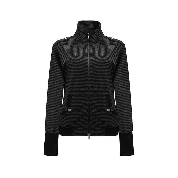 Women's Striped Zip Jacket with Stand Collar, Shoulder Flap Detail and Extended Cuffs Mune Fashion