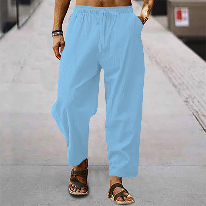 Men's Loose Linen Look Casual Pants with Elastic Waistband, Drawstring and Cropped Leg Mune Fashion