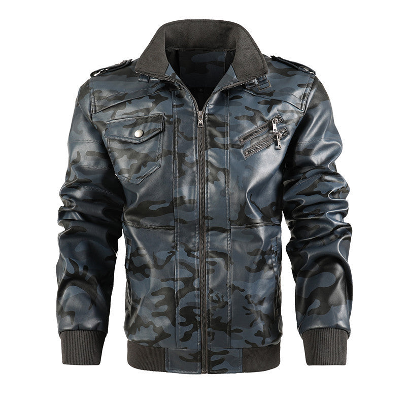 Men's Camouflage Faux Leather Biker Jacket with Shoulder Epaulettes, Zipper Detail and Ribbed Cuffs Mune Fashion
