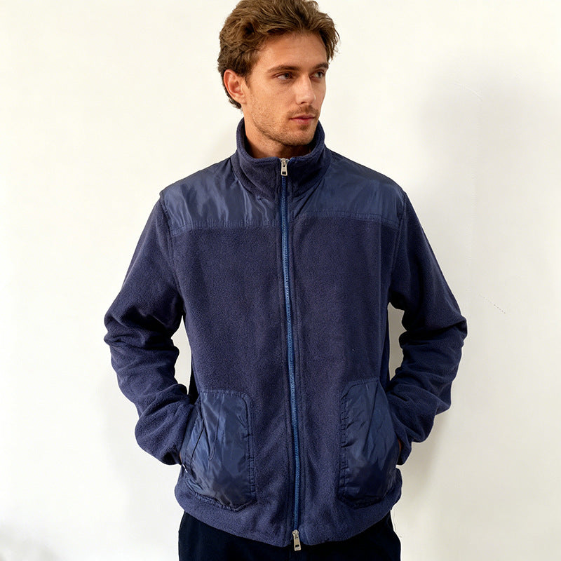 Men's fleece jacket with stand-up collar, two-material panel and zipper Mune Fashion