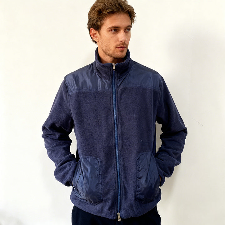 Men's fleece jacket with stand-up collar, two-material panel and zipper Mune Fashion