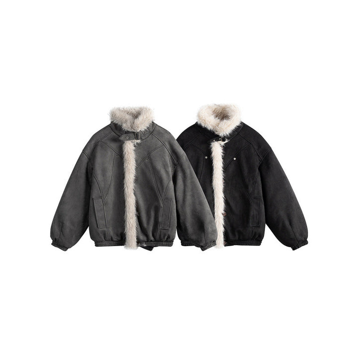 Women's short-cut bomber jacket in lambskin look with high stand-up collar and faux fur trim Mune Fashion