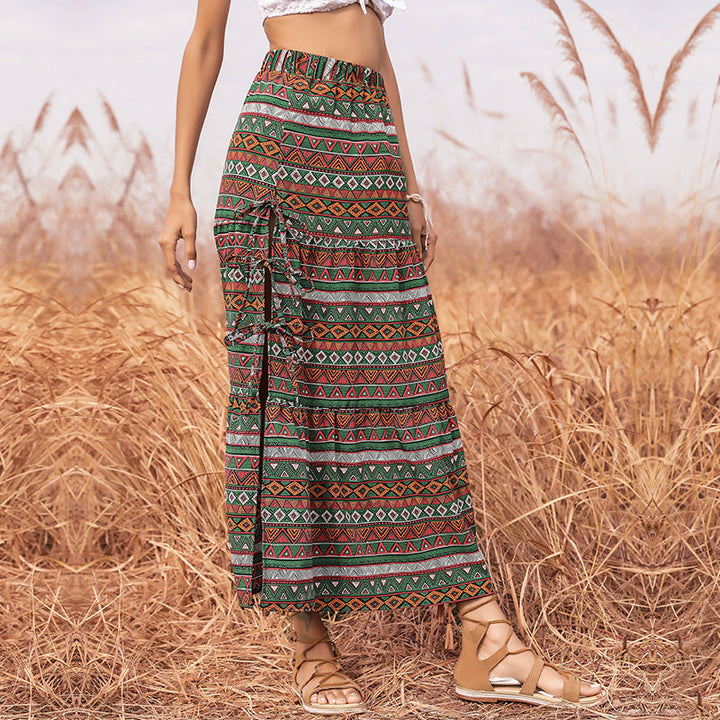 Women's Long Boho Maxi Skirt with Ethnic Print and Side Ties Mune Fashion