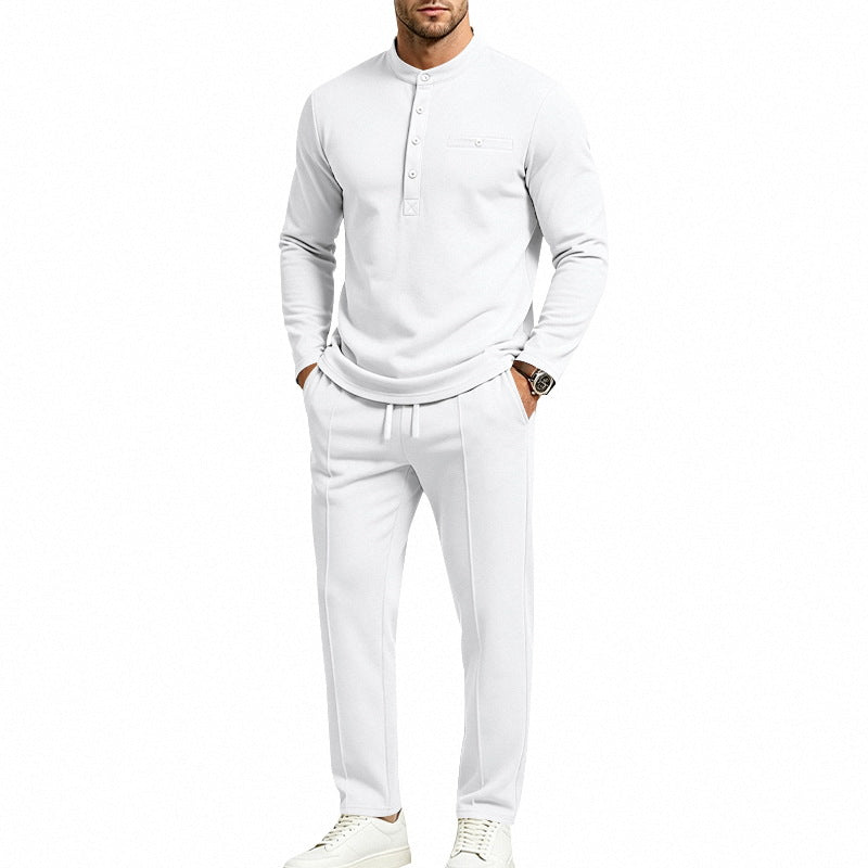 Men's Two-Piece Leisure Set with Henley Long Sleeve Shirt, Stand Collar and Comfort Jogging Pants Mune Fashion