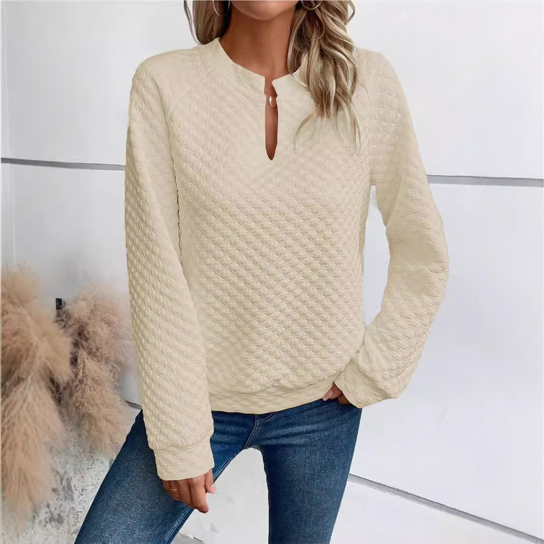 Women Quilted Cozy Sweater with Slit Collar Mune Fashion