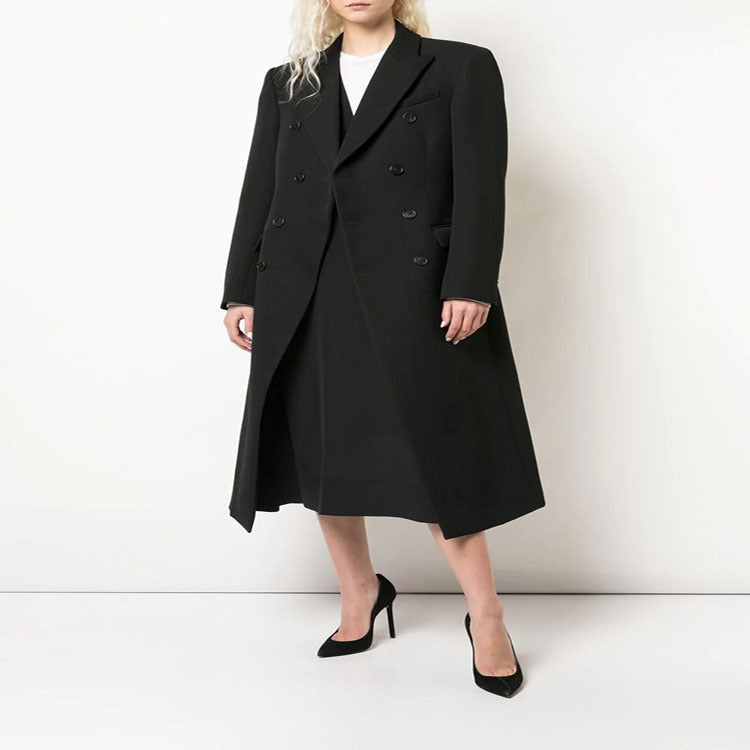 Women Slim fit double-breasted wool blend long coat with distinctive shoulder Mune Fashion