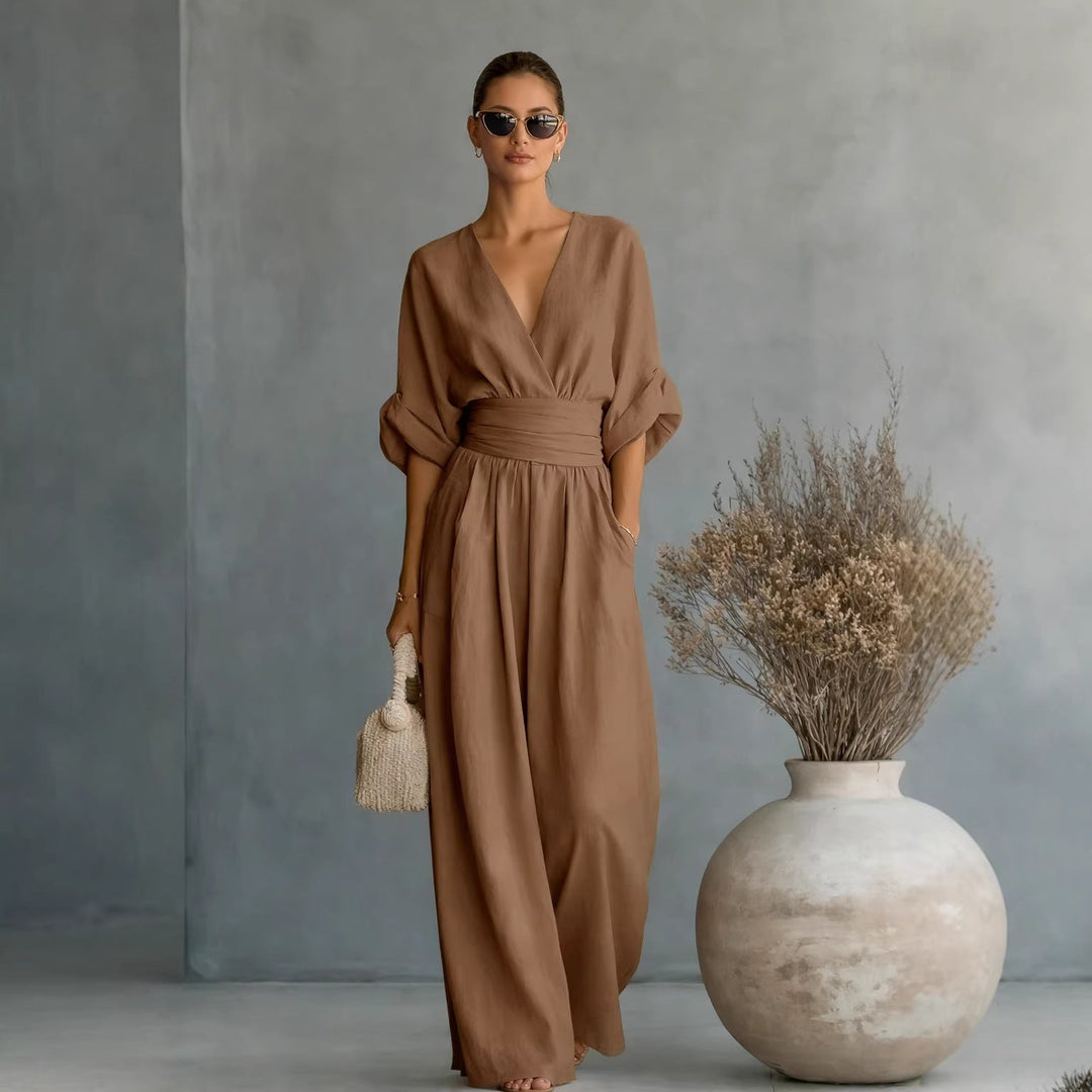 Women Wide Cut Jumpsuit with Elegant Draping and V-Neck Mune Fashion