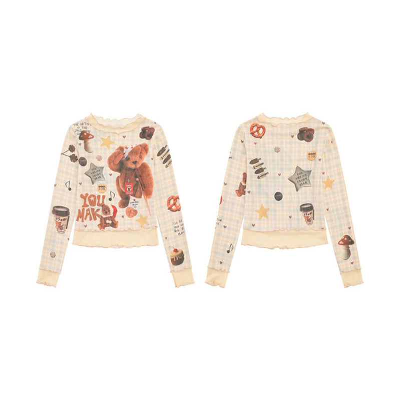 Women's Long Sleeve Mesh Top with Teddy Print and Layered Look Mune Fashion