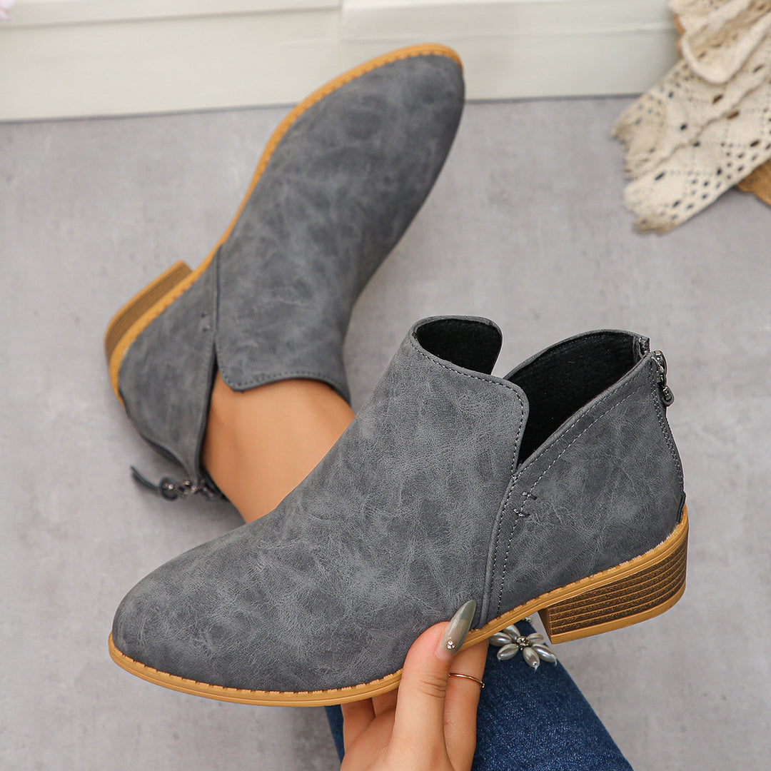 Women's fashionable short ankle boots with rear zipper, low block heel, and padded comfort insole Mune Fashion