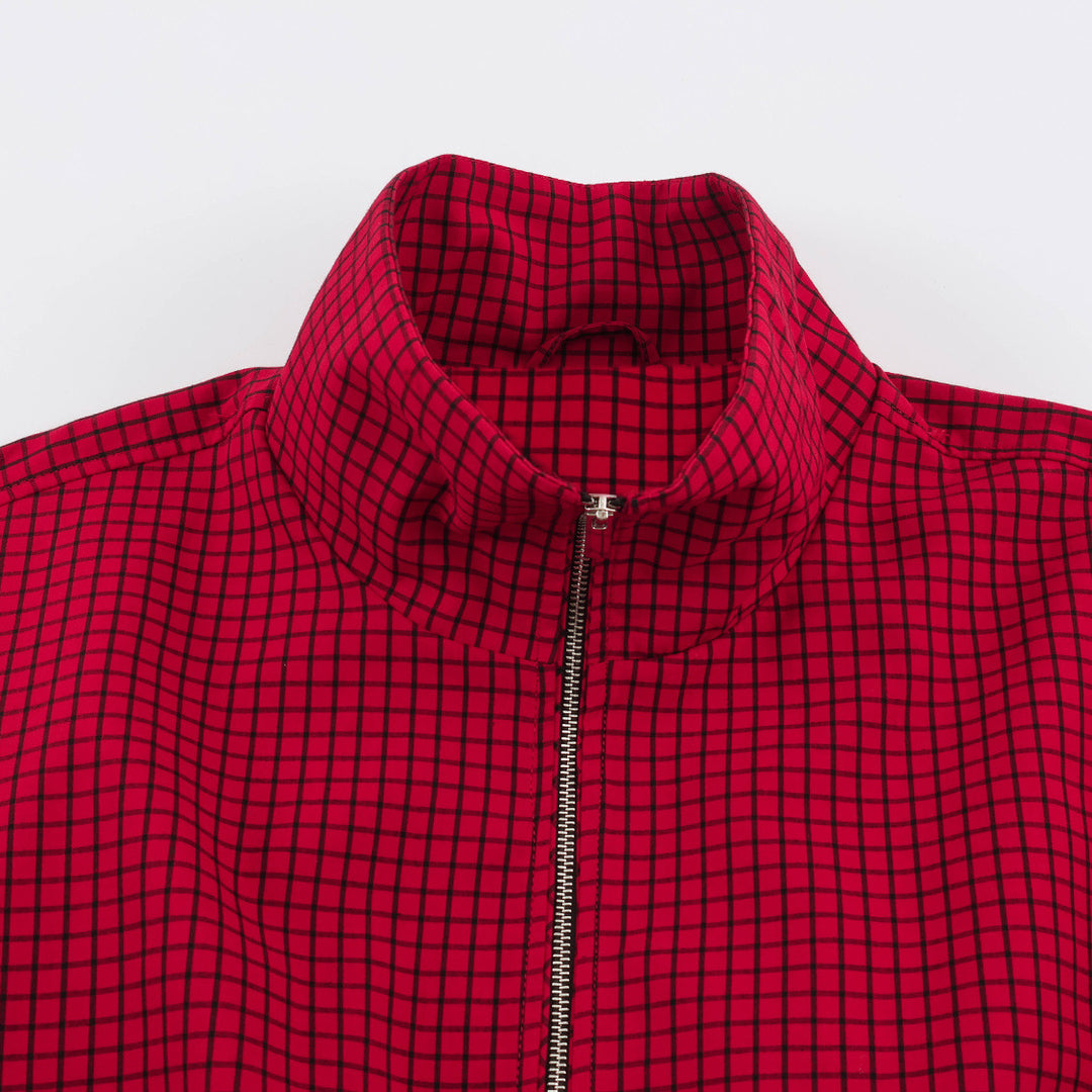 Women Oversize Boxy Bomber Jacket with Stand-Up Collar, Checkered Pattern and Elastic Hem Mune Fashion