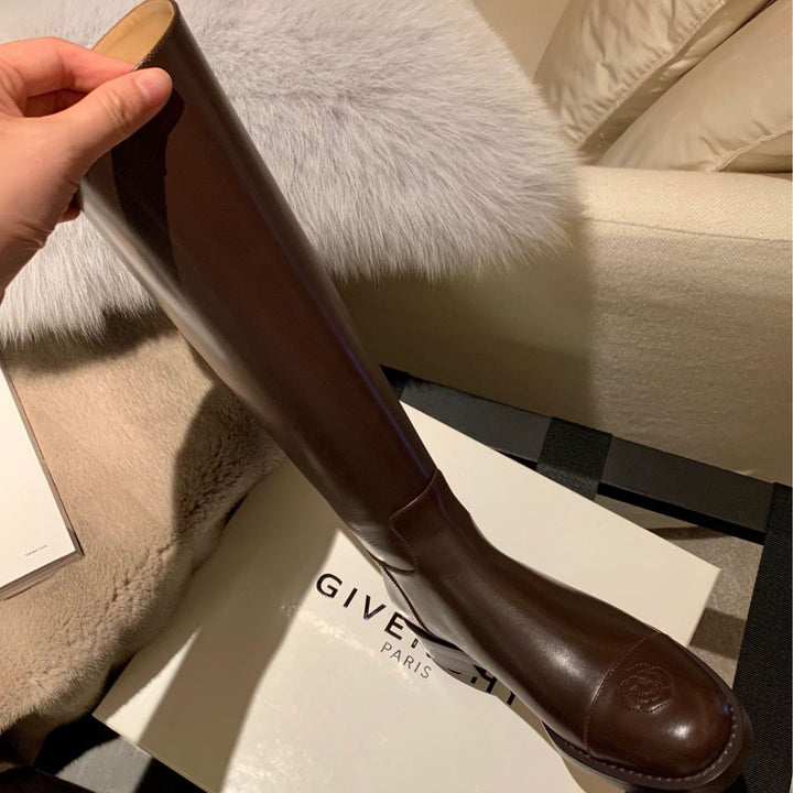 Ladies Knee-High Riding Boots Made of Smooth Leather with Embossed Flower Toe Cap Mune Fashion
