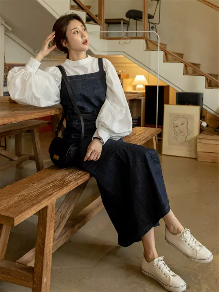 Women's Long Jeans Overall Dress with Square Neckline, Waistband and Front Leg Split Mune Fashion