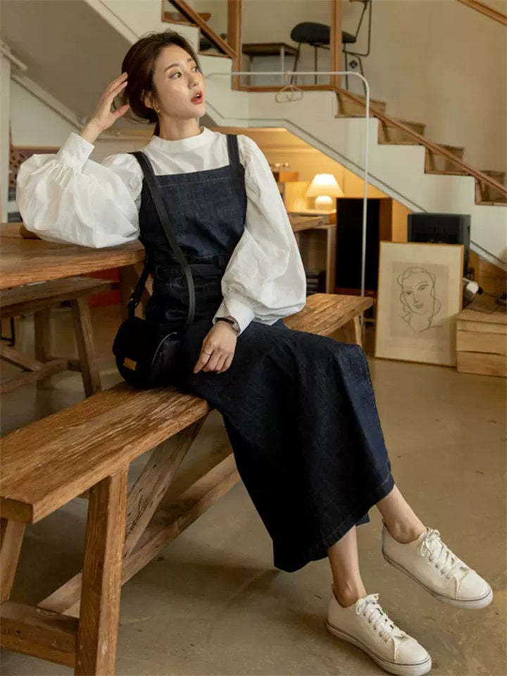 Women's Long Jeans Overall Dress with Square Neckline, Waistband and Front Leg Split Mune Fashion