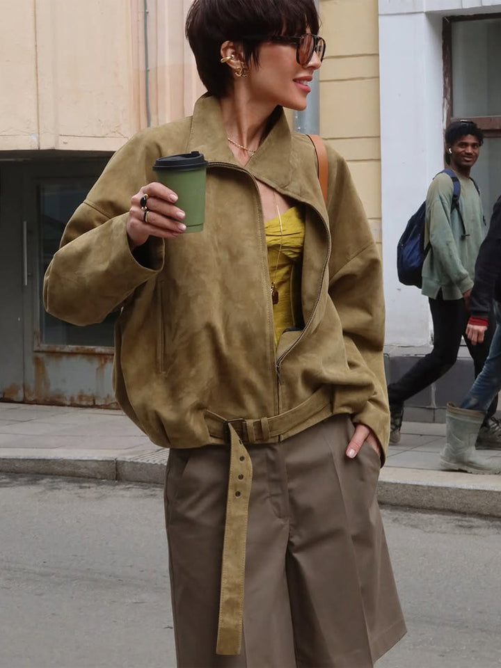 Women's Oversized Suede Bomber Jacket with Tailoring Belt and Asymmetrical Zipper Mune Fashion