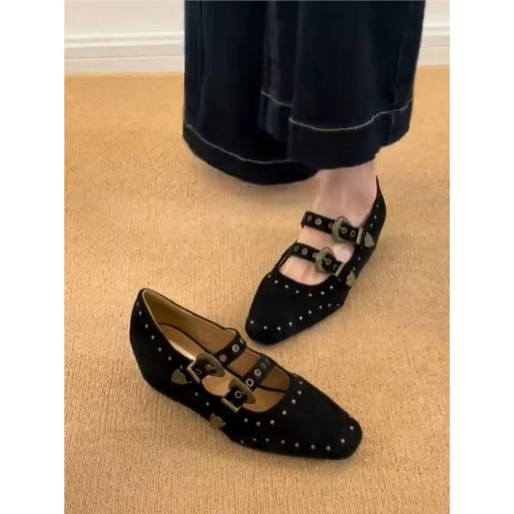 Women Embellished Mary Jane Pumps with Studs and Double Straps Mune Fashion