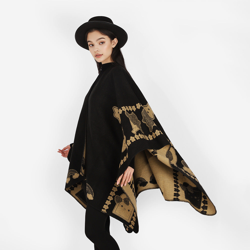 Women's Oversize Poncho with Jacquard Animal Pattern and Asymmetrical Pointed Hem Mune Fashion