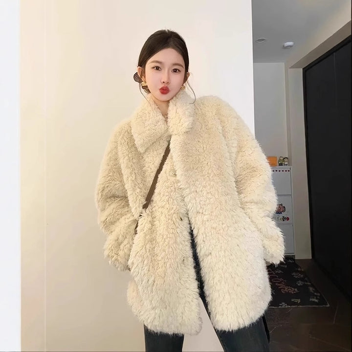 Women Oversize Teddy Fur Coat with Shawl Collar and Concealed Button Placket Mune Fashion