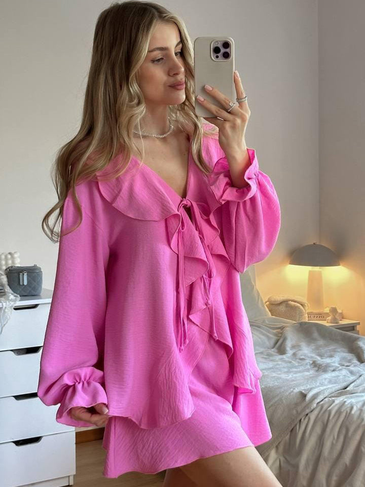 Women's Playful Ruffle Set made of lightweight Crepe Quality with Tie Blouse and A-Line Mini Skirt Mune Fashion