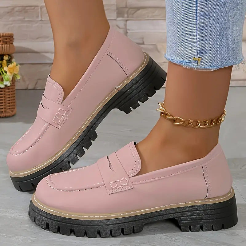 Women's Leather Look Penny Loafers with Distinctive Profile Platform Sole and Contrast Stitch Mune Fashion