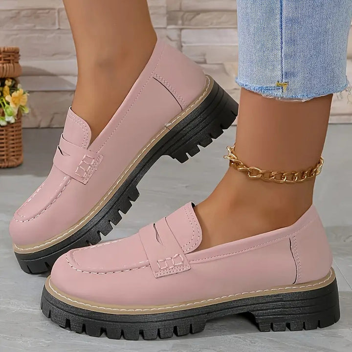 Women's Leather Look Penny Loafers with Distinctive Profile Platform Sole and Contrast Stitch Mune Fashion