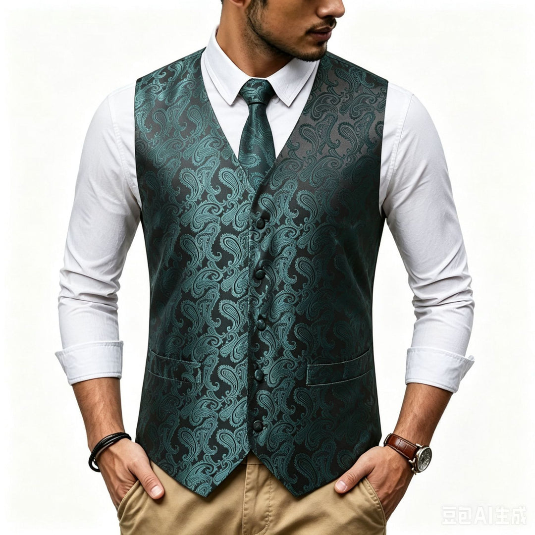 Men's Satin Jacquard Vest with Paisley Pattern and Matching Tie Mune Fashion