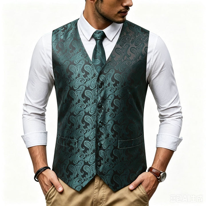 Men's Satin Jacquard Vest with Paisley Pattern and Matching Tie Mune Fashion