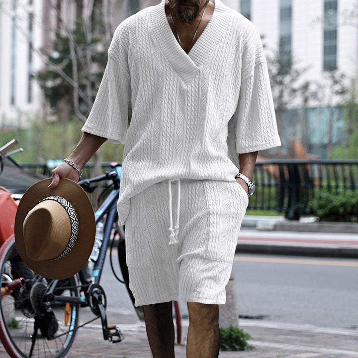Men's urban braid knit two-piece with deep V-neck, boxy fit and drawstring shorts Mune Fashion