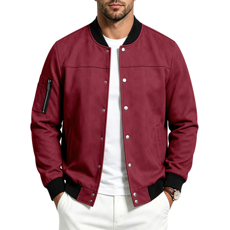 Men's Suede-Look Bomber Jacket with Snap Button Placket, Arm Pocket and Ribbed Cuffs Mune Fashion