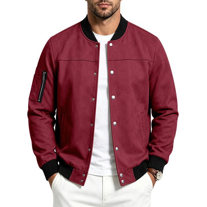 Men's Suede-Look Bomber Jacket with Snap Button Placket, Arm Pocket and Ribbed Cuffs Mune Fashion