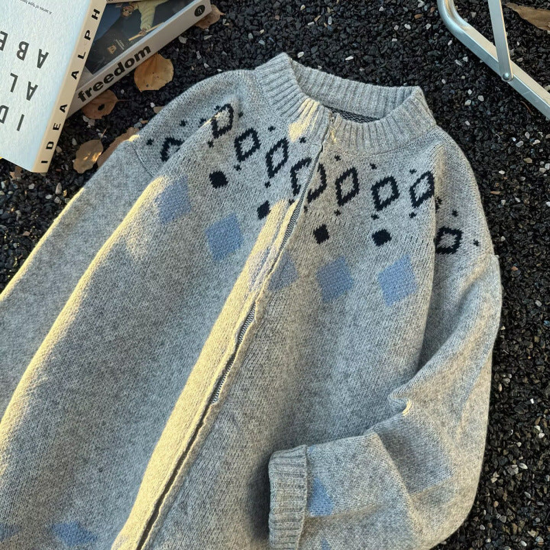 Unisex Chunky Knitted Norwegian Cardigan with Crew Neck, Full Zip and Jacquard Yoke Mune Fashion