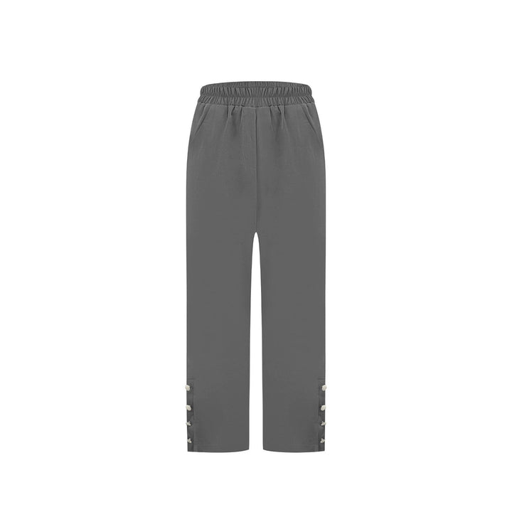 Women Lightweight Relaxed Pants with Elastic Waistband, Side Pockets and Button Detail Mune Fashion