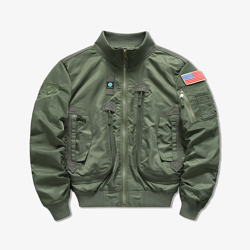 Men's  tactical flight bomber jacket with multiple angled zip and flap pockets Mune Fashion